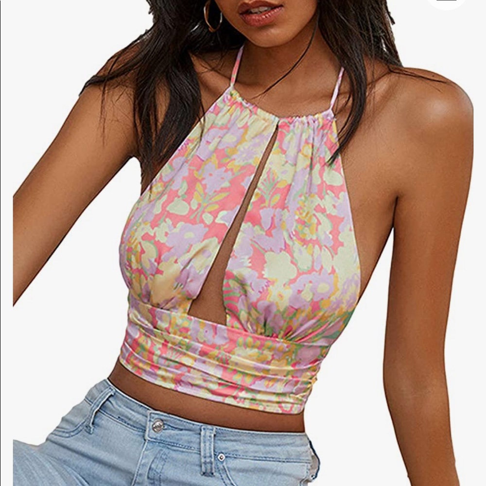 Y2K Floral Crop Halter Top